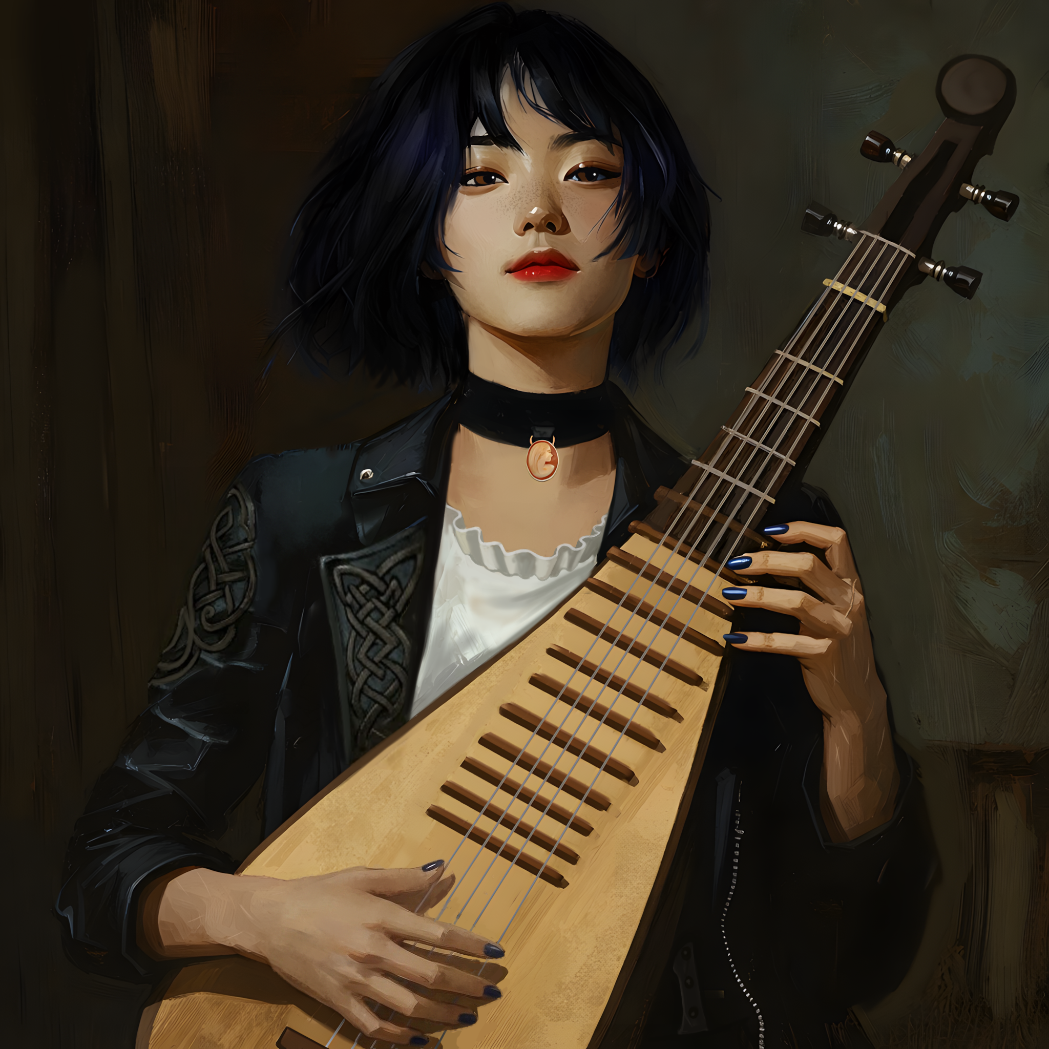 Korean girl in gothy clothes with a Hyang-Bipa, a Korean Stringed instrument